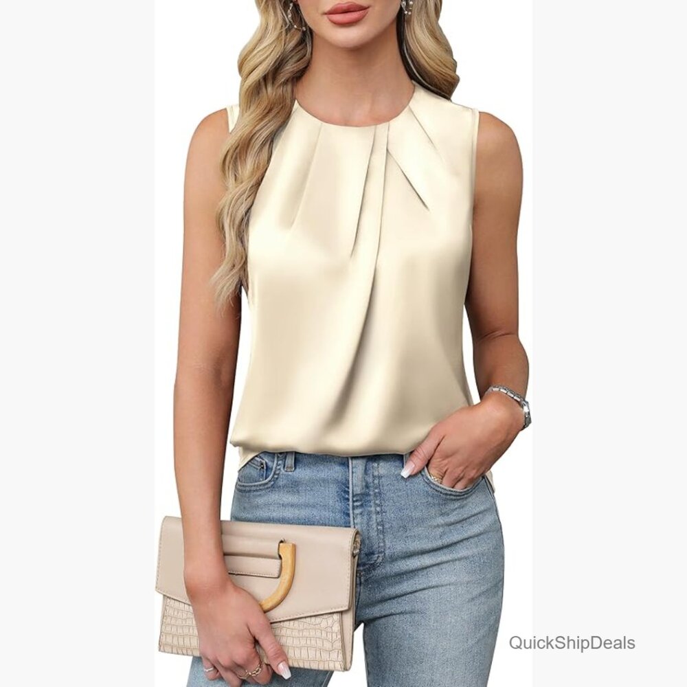 Sleeveless Pleated Satin Tank Top - Cream
